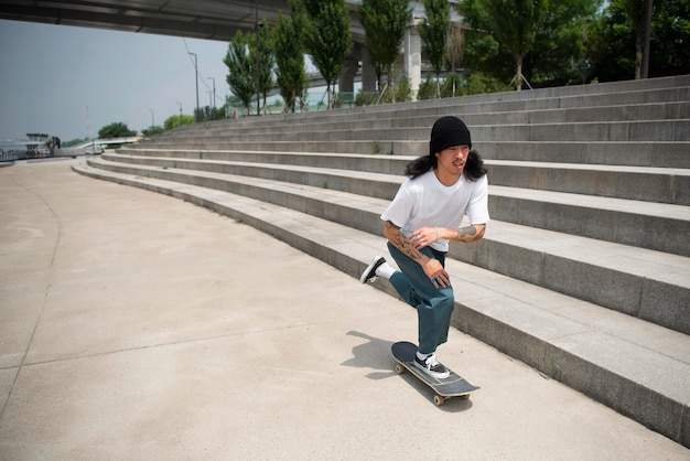 Азиатский мужчина катается на скейтборде в городе на открытом воздухе