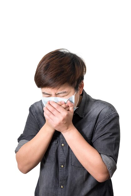 Asian Man Was Cough and Wearing a Protective Mask Isolated on White Background