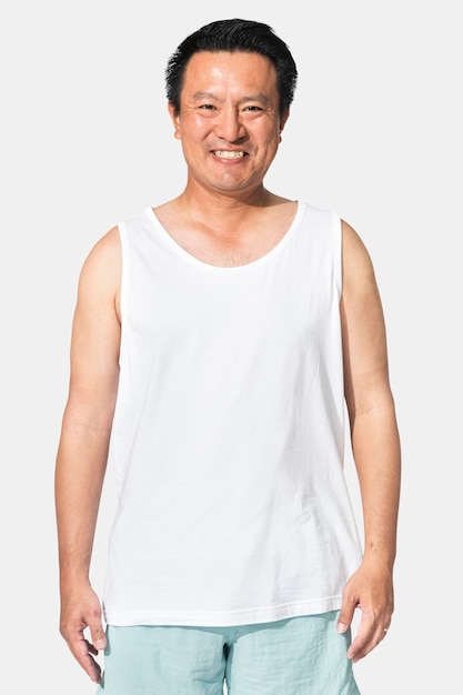 Asian man wearing white tank top view, front view