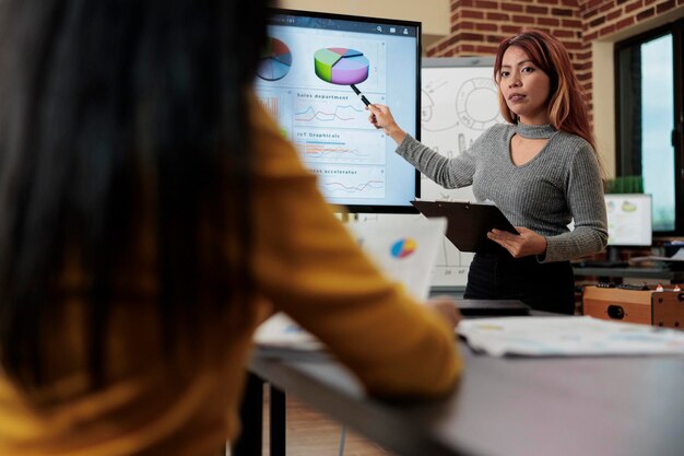 Asian manager discussing marketing statistics explaining company startegy to entrepreneur during business meeting in start up office. Management team analyzing graph working at management project