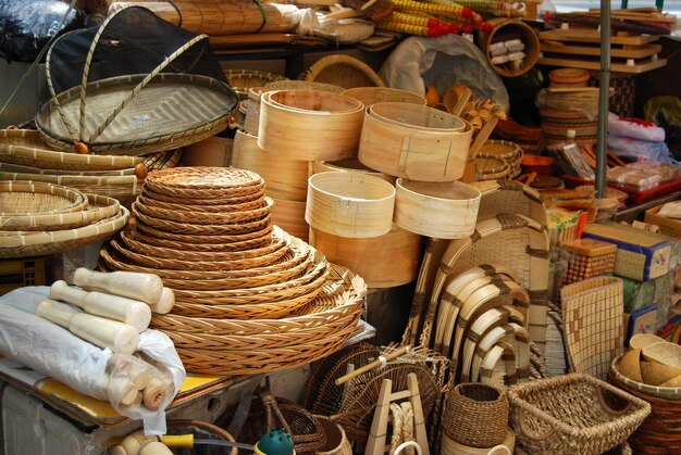 Asian market of bamboo and wicker baskets