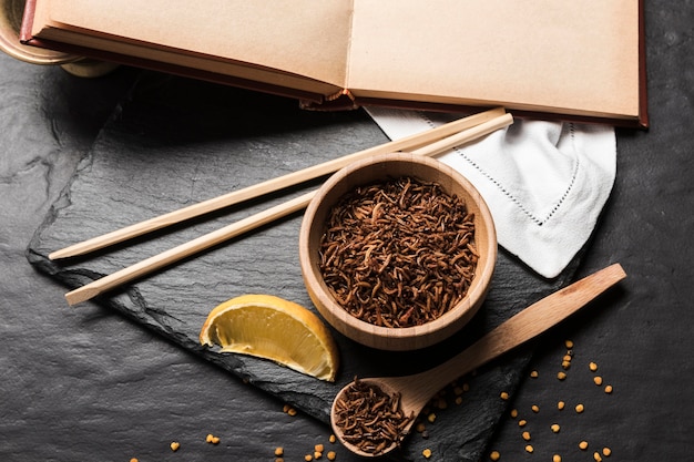 Asian meal with fried larvae