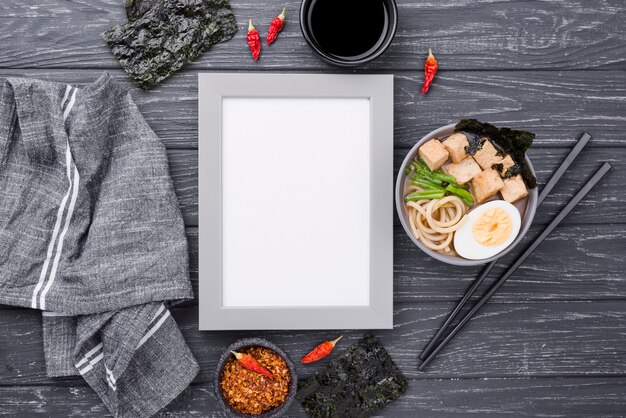 Asian ramen noodle soup and copy space frame