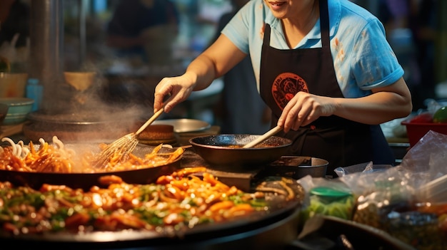 바쁜 거리 상점 에서 뜨거운 접시 에 요리 하는 아시아인 여자