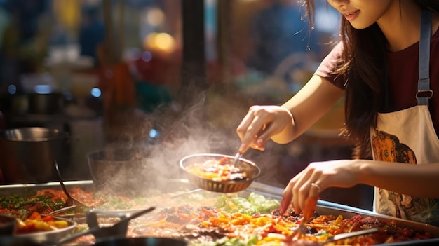 무료 사진 바쁜 거리 상점 에서 뜨거운 접시 에 요리 하는 아시아인 여자