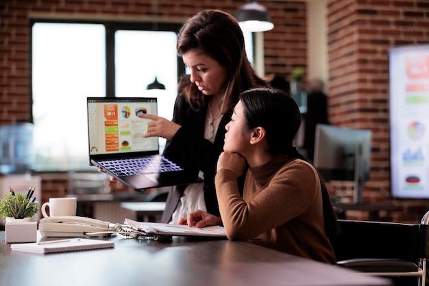 Asian woman living with disability talking to colleague at startup job, suffering from chronic health condition in office. Businesswomen doing project teamwork, wheelchair user with impairment.