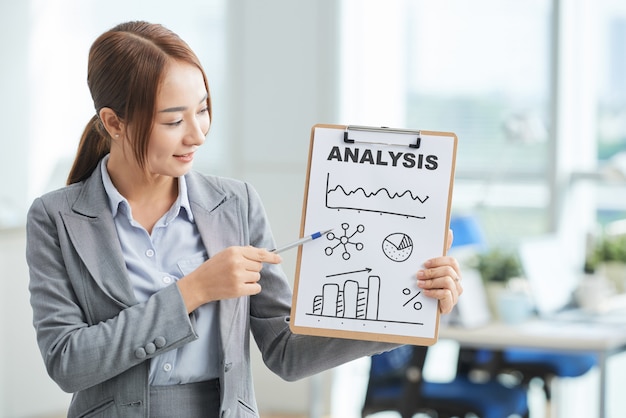 Asian woman in suit standing in office and pointing to clipboard with poster and word 