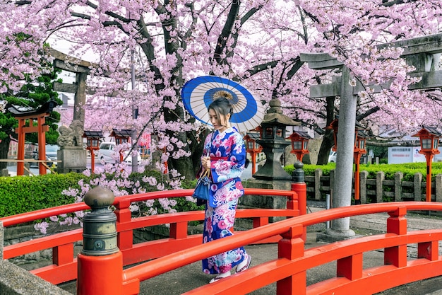 무료 사진 봄에 일본 전통 기모노와 벚꽃, 일본의 교토 사원을 입고 아시아 여자.