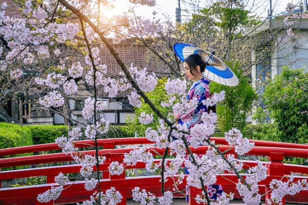 無料写真 春に日本の伝統的な着物と桜を身に着けているアジアの女性、日本の京都寺院。