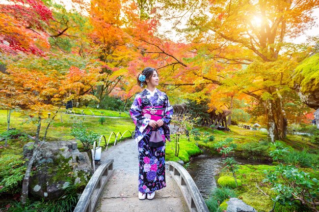 Asian woman wearing japanese traditional kimono in autumn park. Kyoto in Japan.