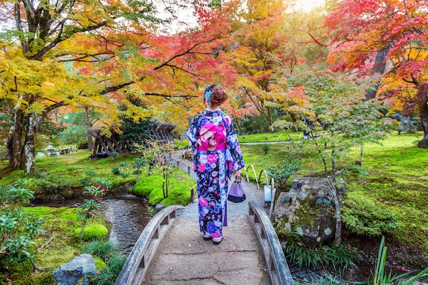 秋の公園で日本の伝統的な着物を着ているアジアの女性。日本の京都。