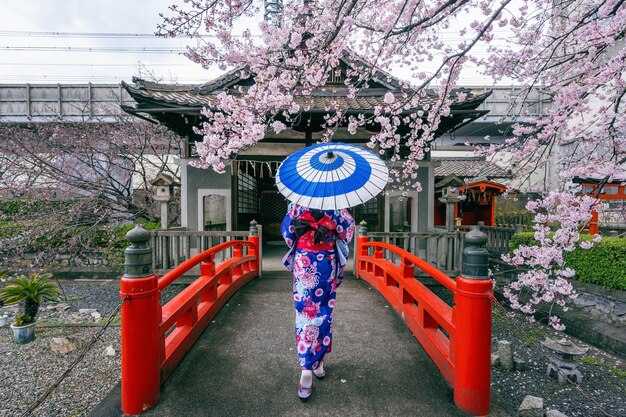 Азиатская женщина в традиционном японском кимоно и вишневом цвете весной, храм Киото в Японии.