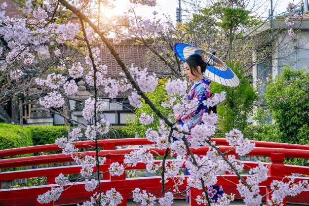 春に日本の伝統的な着物と桜を身に着けているアジアの女性、日本の京都寺院。