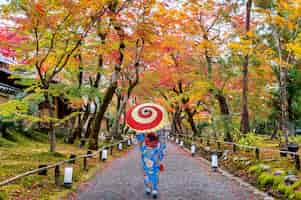 Free photo asian woman wearing japanese traditional kimono walking in autumn park.