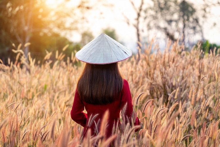 Free Photo asian woman wearing vietnam culture traditional in african fountain flower field