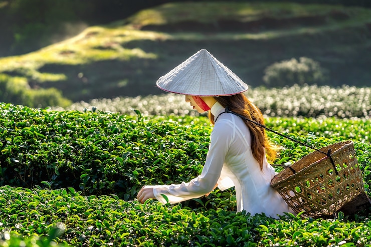 Free Photo asian woman wearing vietnam culture traditional in green tea field.
