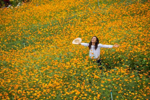 Asian women in yellow flower farm