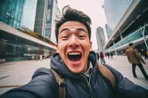 無料写真 アジアの若い男 幸せで驚いた表情 都市の背景