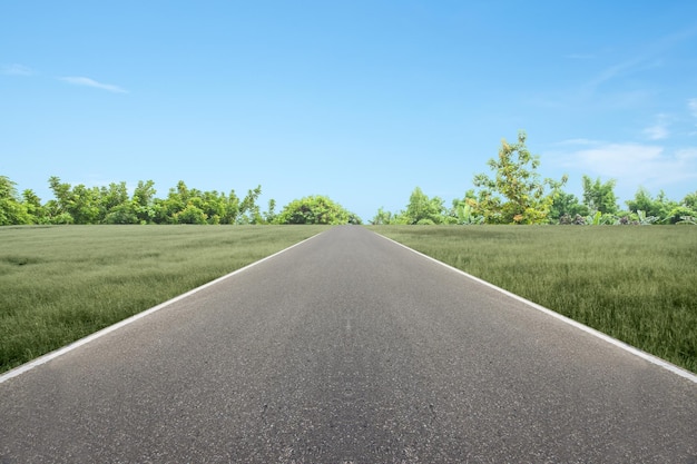 青い空を背景に草や木々とアスファルト道路 Premium写真