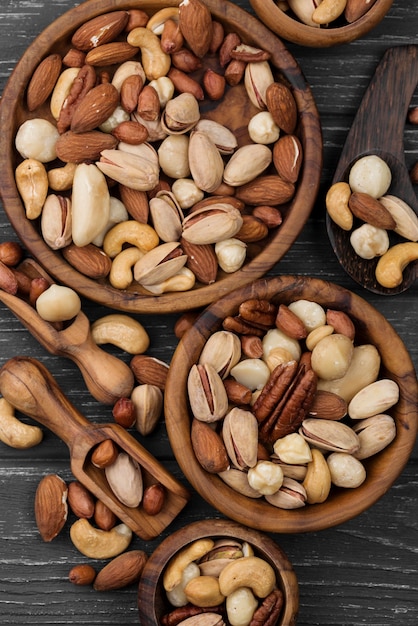 Assorted bowls of delicious nuts snack