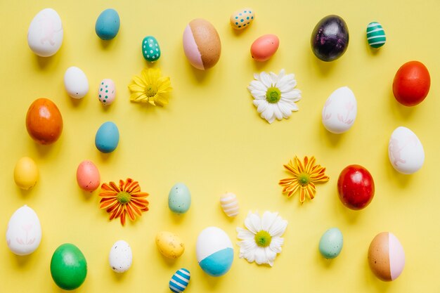 Assorted eggs and daisies on yellow