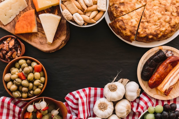 Assorted food and napkin on table