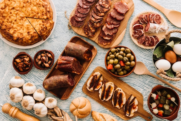 Assorted food on patterned tabletop