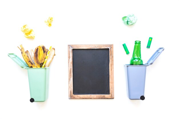 Assorted litter and blackboard 