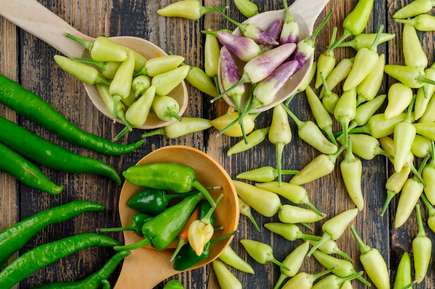 Assorted peppers in wooden spoons on wooden, flat lay.