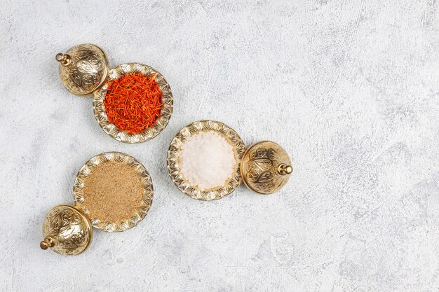 Assorted spices on kitchen table