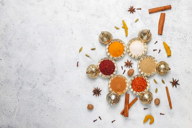 Assorted spices on kitchen table