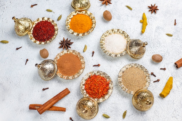 Assorted spices on kitchen table