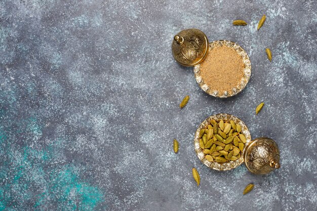 Assorted spices on kitchen table