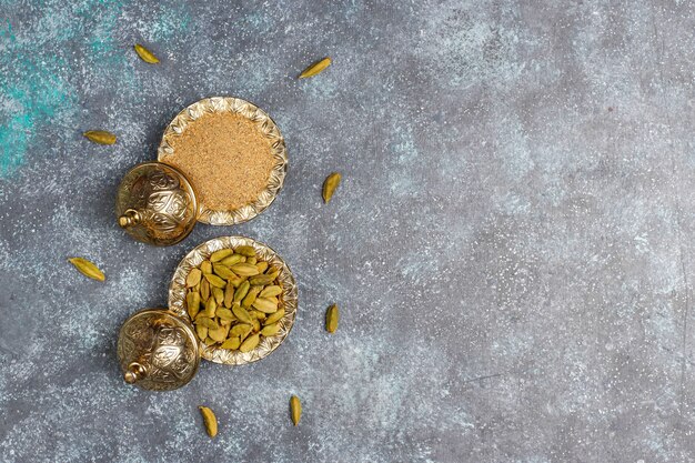 Assorted spices on kitchen table