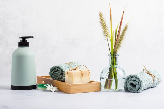 Assortment for bath concept with soap and towel in box