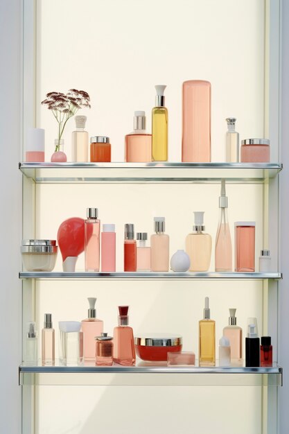Assortment of beauty products arranged on shelf