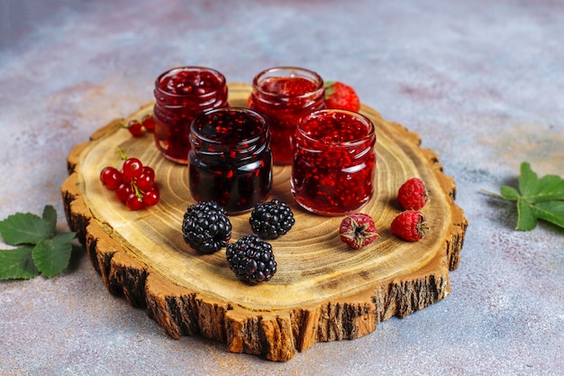 Assortment of berry jams, top view