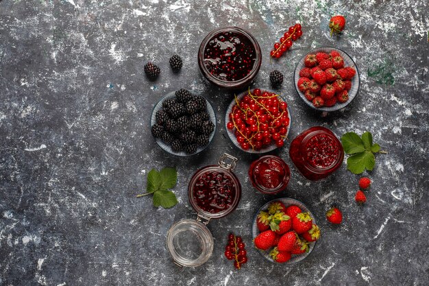 Assortment of berry jams, top view