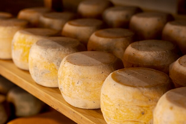 Assortment of cheese wheels on a shelf