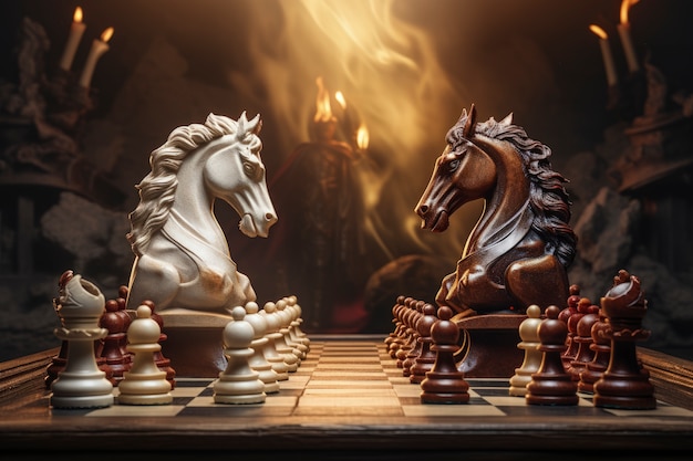 Free photo assortment of chess pieces with dramatic scenery