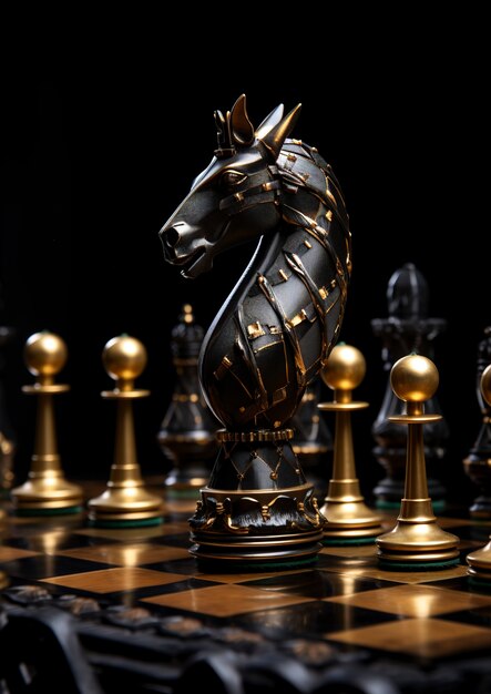 Assortment of chess pieces with dramatic scenery