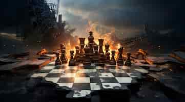 Foto gratuita assortimento di pezzi degli scacchi con scenari drammatici