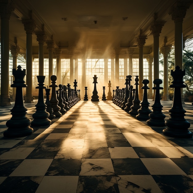 Assortment of chess pieces with dramatic scenery