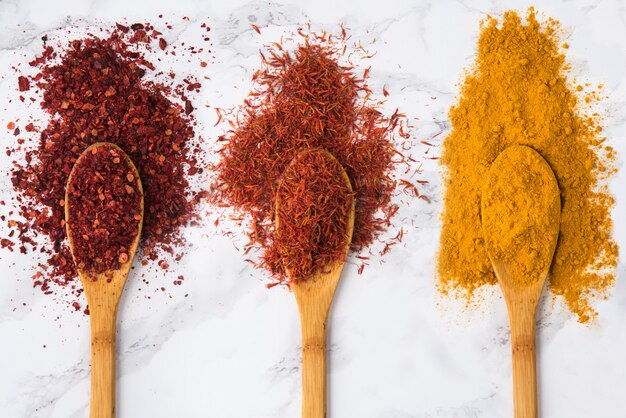 Assortment of colorful spices in the wooden spoons