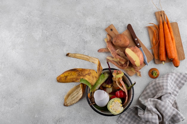 Assortment of compost made of rotten food with copy space