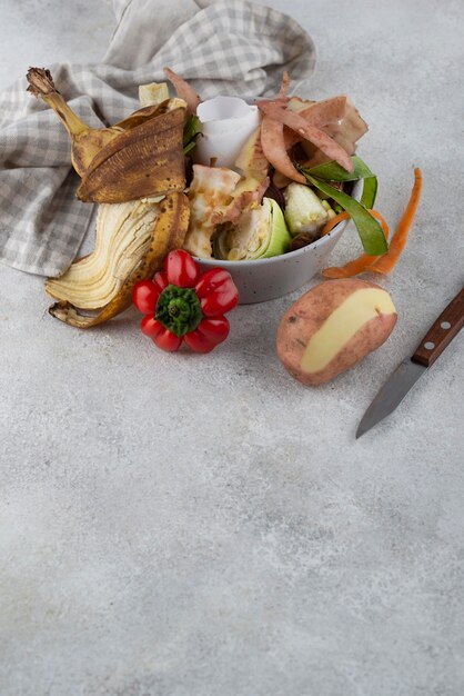 Assortment of compost made of rotten food with copy space