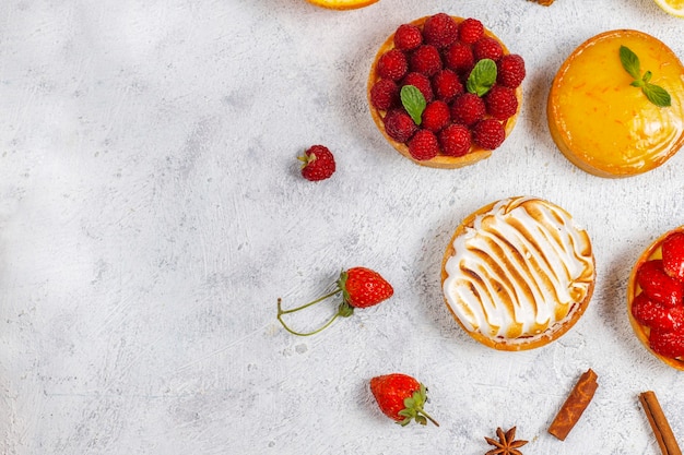 Assortment of crispy tartlet with filling.