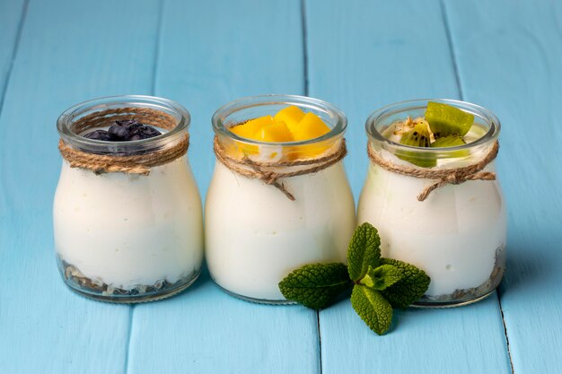 Assortment of delicious breakfast meal with yogurt