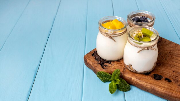 Assortment of delicious breakfast meal with yogurt