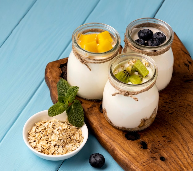 Assortment of delicious breakfast meal with yogurt